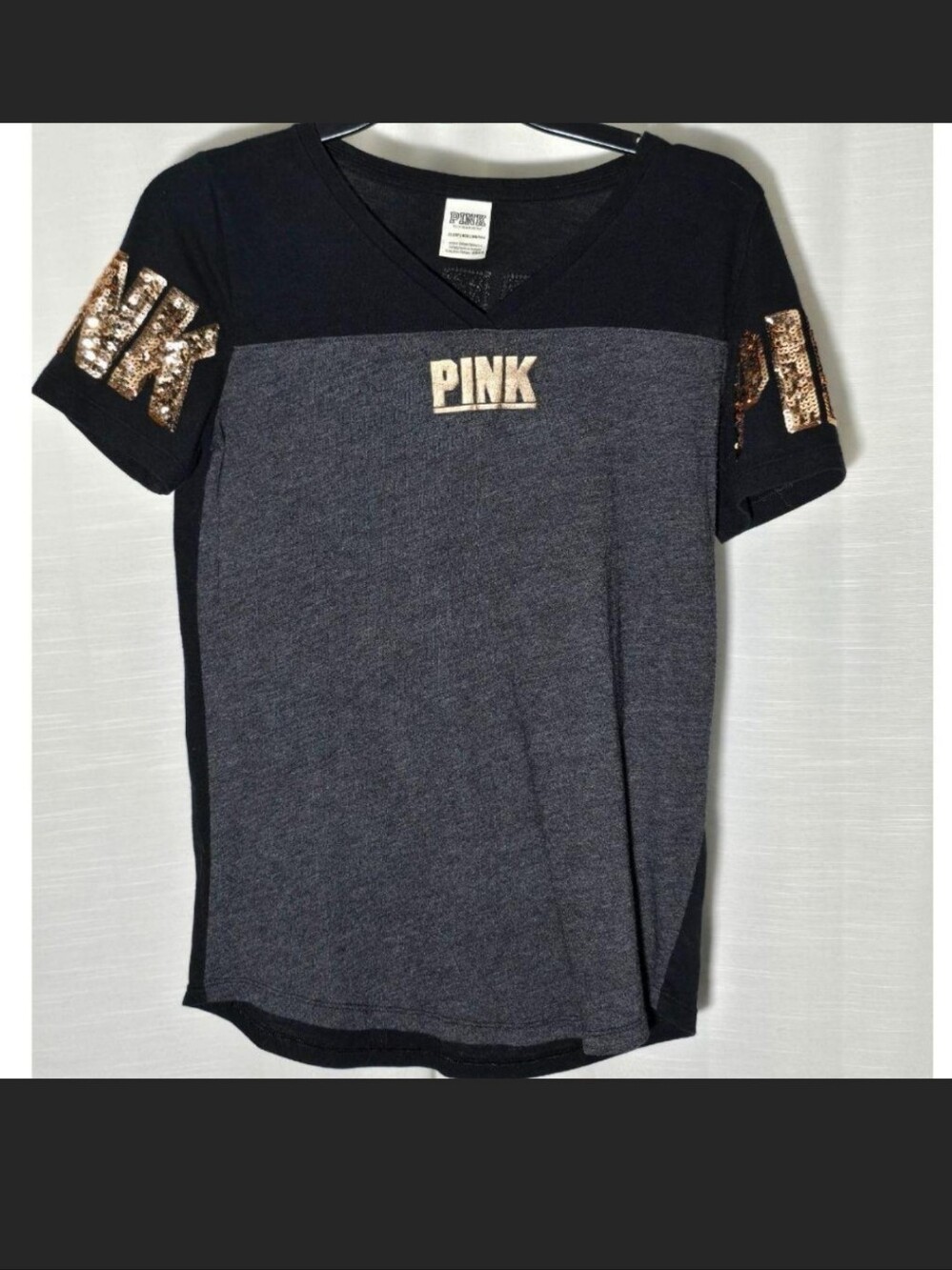 PINK Victoria's Secret Black and Charcoal Gray Tee with Bronze Sequins